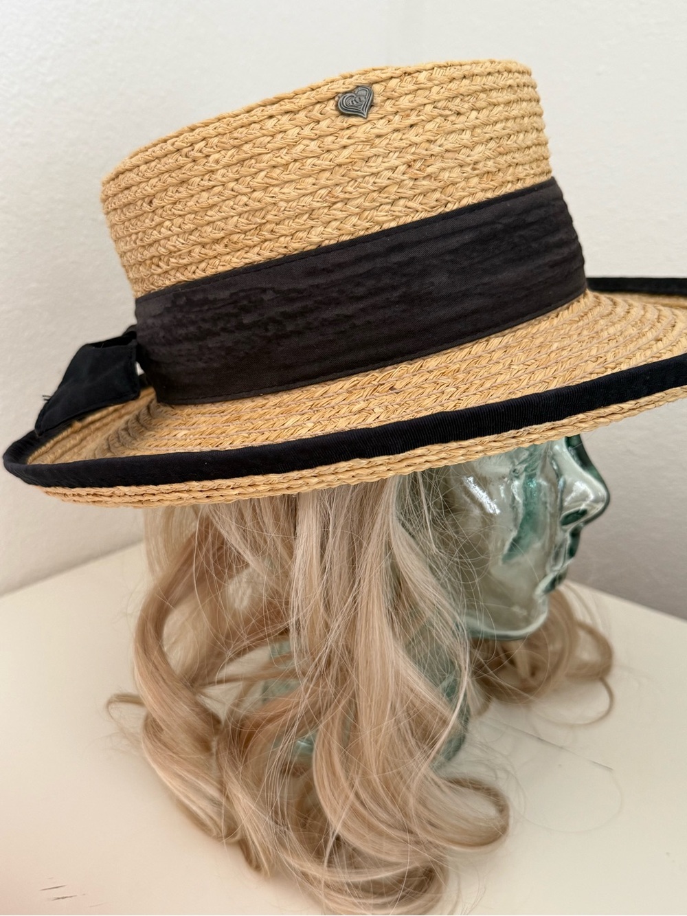 EUC Vintage Kate Lord  Straw Boater Hat with Black Trim and Ribbon
